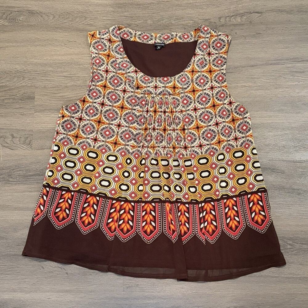 Rafaella Women’s XL Geometric Chiffon Tunic Blouse Scoop Neck Lined Brown